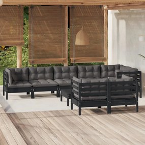 3096512 vidaXL Set mobilier grădină cu perne, 9 piese, negru, lemn masiv pin