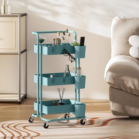 HOMCOM Cărucior cu 3 nivele etajeră cu 4 cârlige și 3 cutii suspendate amovibile pentru 42 x 38 x 86,5 cm albastru-verzui | Aosom Romania