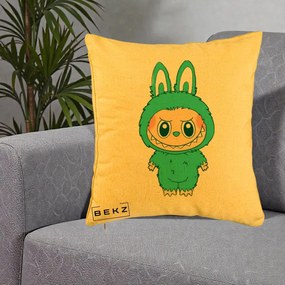 Perna Personalizata Labubu Turcoaz, 40x40 cm, Galben, Husa Detasabila, Perna Inclusa, BEKZ®