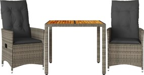 vidaXL Set bistro de grădină cu perne, 3 piese, gri, poliratan