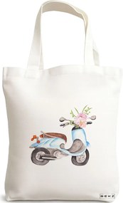 Sacosa de Panza pentru Cumparaturi, Geanta Tote, model Floral Bike, 38x34.5 cm, Alba, BEKZ®