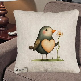Perna Decorativa Pasare cu Inima si Margareta, 40x40 cm, Bej Canapea, Husa Detasabila, Perna Inclusa, BEKZ®