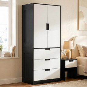 HOMCOM Dulap pentru Dormitor cu 2 Uși cu Închidere Amortizată, 3 Sertare, PAL, 80x50x180 cm, Alb și Negru | Aosom Romania