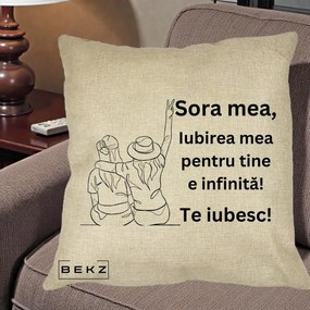 Cadou pentru Sora - Perna Personalizata Sora Mea Te Iubesc Line Art Portrete Colorate, 40x40 cm, Crem, Husa Detasabila, Perna Inclusa, BEKZ®