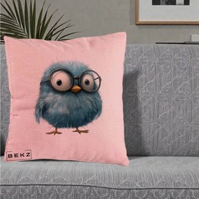 Perna Decorativa Pui Pufos Teal cu Ochelari, 40x40 cm, Roz, Husa Detasabila, Perna Inclusa, BEKZ®