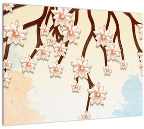 Tablou pe sticlă - Flori colorate pe ramuri (70x50 cm)