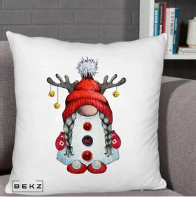 Perna Decorativa Pitic Gnom Craciun cu Coarne de Ren, 40x40 cm, Alb Pufos, Husa Detasabila, Perna Inclusa, BEKZ®