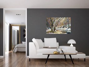 Tablou cu peisaj de iarnă pictat (90x60 cm)