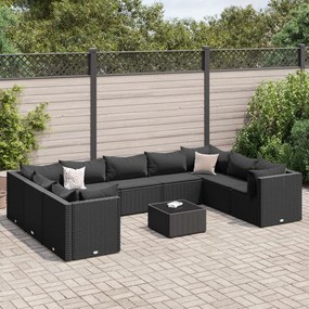 3308275 vidaXL Set mobilier de grădină cu perne, 10 piese, negru, poliratan