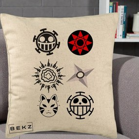 Perna Personalizata Simboluri Anime Mix - Naruto One Piece, 40x40 cm, Bej, Husa Detasabila, Perna Inclusa, BEKZ®