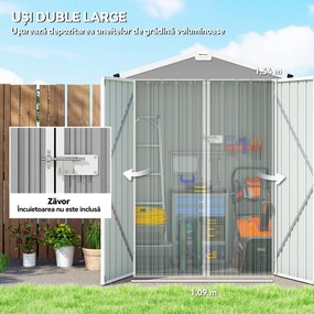 Outsunny Magazie de Grădină 1.1m² din Oțel Zincat, Magazie cu Porți Duble Largi Blocabile, Acoperiș Înclinat, Mănuși, Spațiu pentru Unelte, 133x87x178 cm, Gri Argintiu | Aosom Romania