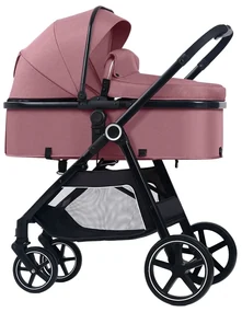 Carucior multifunctional transformabil 2 in 1 Kidizi Moveo roz, include saltea pentru landou si geanta pentru accesorii, cadru negru