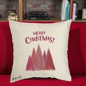 Perna Decorativa Merry Christmas Brazi Roz, 40x40 cm, Ecru, Husa Detasabila, Perna Inclusa, BEKZ®