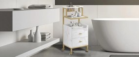 CMAU202 - Carucior 37 cm, cu Rafturi si Roti, masuta manichiura, ucenic cosmetica, masa coafor - Alb - Imitatie de marmura / Negru - Auriu