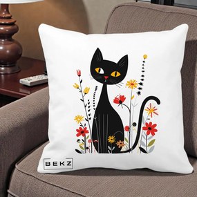Perna Decorativa Pisica Neagra Ochi Galbeni Flori, 40x40 cm, Alba Mata, Husa Detasabila, Perna Inclusa, BEKZ®