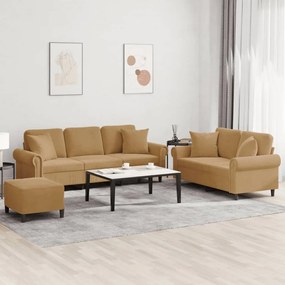 vidaXL Set de canapele cu perne, 3 piese, maro, catifea