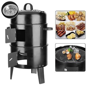 Gratar pe carbuni 3 in 1, capac cu termometru, 2 usi, 3 compartimente cu afumatoare/grill/gatire la abur, 40x40x80 cm