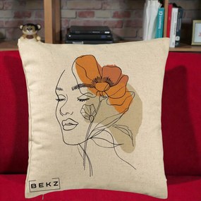 Perna Decorativa Portret Feminin Mac Mare Portocaliu, 40x40 cm, Bej, Husa Detasabila, Perna Inclusa, BEKZ®