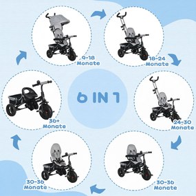 HOMCOM Tricicletă pentru Copii cu Mâner 6 În 1, Cărucior pentru Copii cu Baldachin Reglabil, Centura de Siguranță și Coș, Vârsta 1-5 ani, 95x50x106 cm, Gri