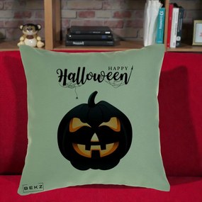 Perna Decorativa Happy Halloween Dovleac Negru cu Paianjen, 40x40 cm, Verde, Husa Detasabila, Perna Inclusa, BEKZ®