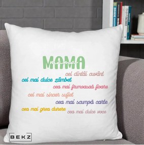Cadou pentru Mama - Perna Personalizata Mama Cel Dintai Cuvant cu Text Colorat Multicolor, 40x40 cm, Alb Pufos, Husa Detasabila, Perna Inclusa, BEKZ®