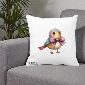 Perna Decorativa Pasare Bleu cu Fundita Roz, 40x40 cm, Alba Mata, Husa Detasabila, Perna Inclusa, BEKZ®