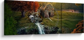 Tablou cu căbănuță în peisaj de poveste (cu ceas) (90x30 cm)