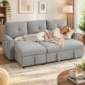 HOMCOM Canapea extensibilă 3 locuri cu șezlong convertibil, spațiu de depozitare, 3 perne, material cu efect de in, gri | Aosom Romania