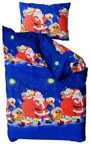 Lenjerie de pat din bumbac albastru, SANTA CLAUS + husa de perna 40 x 50 cm gratuit