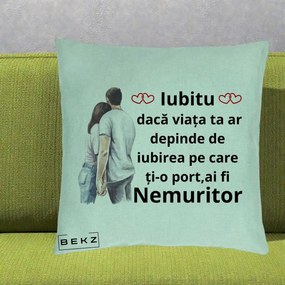 Cadou pentru Iubita - Perna Personalizata Iubitu Nemuritor cu Cuplu Acuarela si Inimi Rosii, 40x40 cm, Verde Menta, Husa Detasabila, Perna Inclusa, BEKZ®