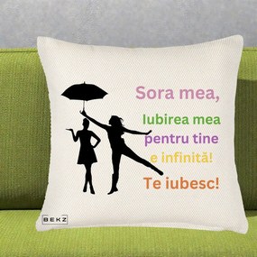 Cadou pentru Sora - Perna Personalizata Sora Mea Te Iubesc Siluete Colorate Umbrela, 40x40 cm, Crem Reliefat, Husa Detasabila, Perna Inclusa, BEKZ®