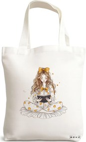 Sacosa de Panza pentru Cumparaturi, Geanta Tote, model The bookie girl 2 38 x 34.5 cm, Alba, BEKZ®