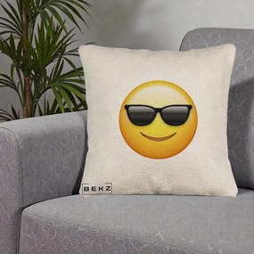 Perna Decorativa Emoji Cool Ochelari, 40x40 cm, Bej Canapea, Husa Detasabila, Perna Inclusa, BEKZ®