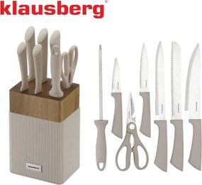 Set cuțite Klausberg KB 7984, 8 piese, Oțel inoxidabil, Ascuțitor, Mâner lemn de salcâm, Bej/lemn