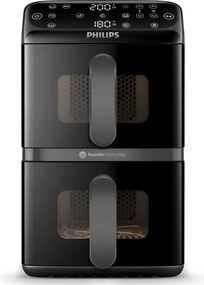Friteuza verticala dubla cu aer cald Philips Dual Stack 4000 NA460/00, 2750 W, 10 l, 13 programe, 40-220°C, Sincronizare, Acoperire ceramică fara PFAS, Fereastra, Negru