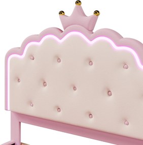 Pat tapițat 140x200 cm cu somieră cu lamele, formă de prințesă moștenitoare, fără saltea, Roz