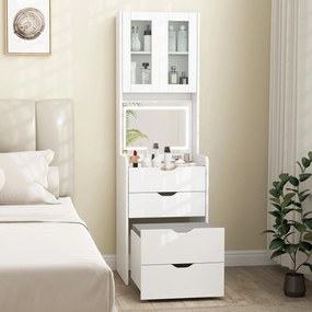 HOMCOM Stație de Machiaj cu Lumini LED în 3 Culori, Oglindă Rabatabilă, Scaun Ascuns, Măsuță de Machiaj cu Scaun Îmbunătățit, 3 Sertare, Compartiment, Dulap cu Uși din Sticlă, Modern, Alb | Aosom Romania