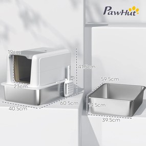 PawHut Toaletă pentru pisici, vas din oțel inoxidabil, filtru, lopată, pentru pisici până la 6 kg, 40,5 x 60,5 x 41,5 cm, Alb/Argintiu | Aosom Romania