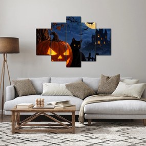 XXL Tablou - Pisică neagră lângă un dovleac luminat de Halloween (150x105 cm)