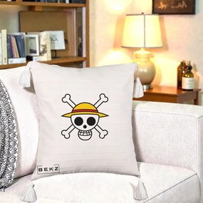 Perna Personalizata One Piece Jolly Roger Straw Hat Pirates, 40x40 cm, Bej cu Franjuri, Husa Detasabila, Perna Inclusa, BEKZ®
