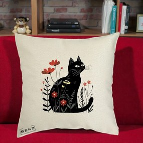 Perna Decorativa Pisica Neagra Flori Rosii Folk, 40x40 cm, Ecru, Husa Detasabila, Perna Inclusa, BEKZ®
