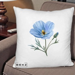Perna Decorativa Mac Albastru Acuarela, 40x40 cm, Alb Pufos, Husa Detasabila, Perna Inclusa, BEKZ®