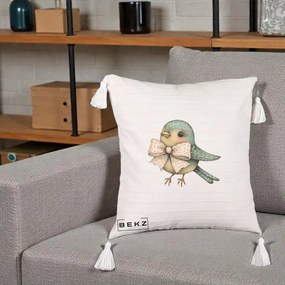 Perna Decorativa Pasare Teal cu Fundita cu Buline, 40x40 cm, Bej cu Franjuri, Husa Detasabila, Perna Inclusa, BEKZ®