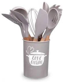 Set ustensile bucatarie Love cooking by Krasino, bej, silicon, lemn, metal, 12 piese