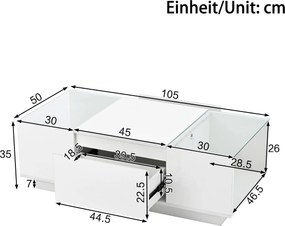 Masă de cafea cu spațiu de depozitare, iluminare ambientală LED, blat din sticlă și 2 sertare, 105x50x35 cm, Alb