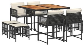 3211503 vidaXL Set mobilier de grădină cu perne, 9 piese, negru, poliratan