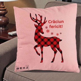 Perna Decorativa Ren Tartan Craciun Fericit, 40x40 cm, Roz, Husa Detasabila, Perna Inclusa, BEKZ®