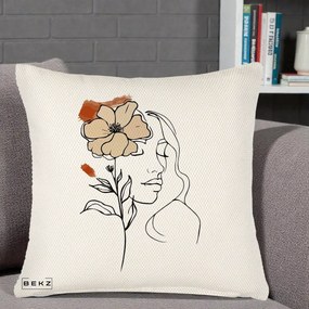 Perna Decorativa Portret Feminin Floare Bej Terracotta, 40x40 cm, Crem Reliefat, Husa Detasabila, Perna Inclusa, BEKZ®