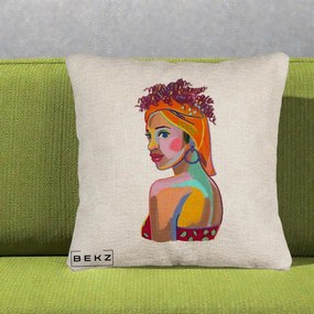 Perna Decorativa Portret Femeie Colorat Pop Art, 40x40 cm, Bej Canapea, Husa Detasabila, Perna Inclusa, BEKZ®