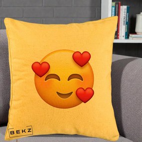 Perna Decorativa Emoji cu 3 Inimi, 40x40 cm, Galben, Husa Detasabila, Perna Inclusa, BEKZ®